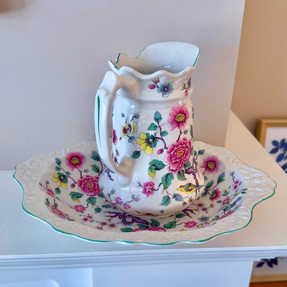1950s James Kent Old Foley Chinese Rose Fine Porcelain Pitcher and Basin - Picture 3 of 16